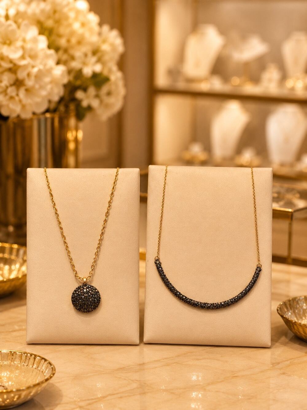 Panacea Gold Tone Hematite Pave Necklace Set Disc Pendant Curved Bar NWT Chic